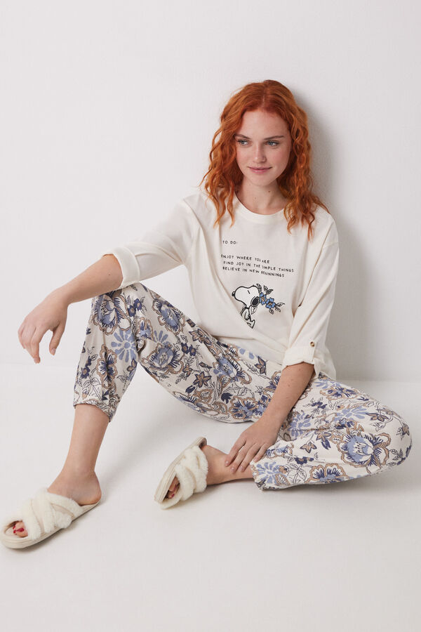 Womensecret Pantalón largo zanahoria 100% algodón flores azul