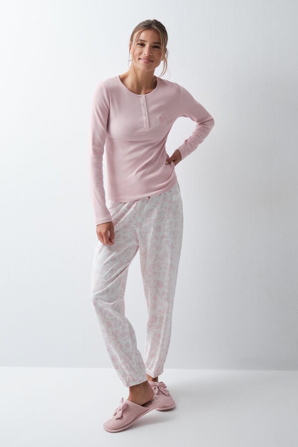 Women'secret Pijama larga de algod&oacute;n con estampado floral rosa rosa