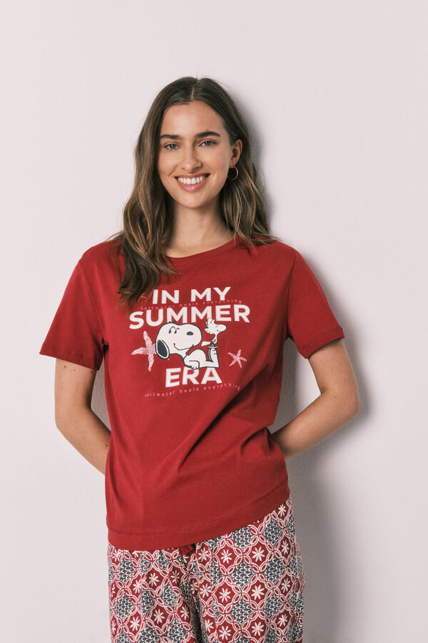 Women'secret Pijama larga de algod&oacute;n Snoopy estampado geom&eacute;trico rojo