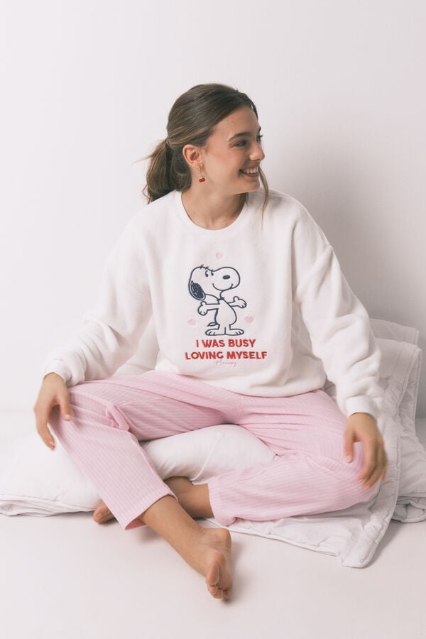 Women'secret Pijama larga de polar Snoopy marfil