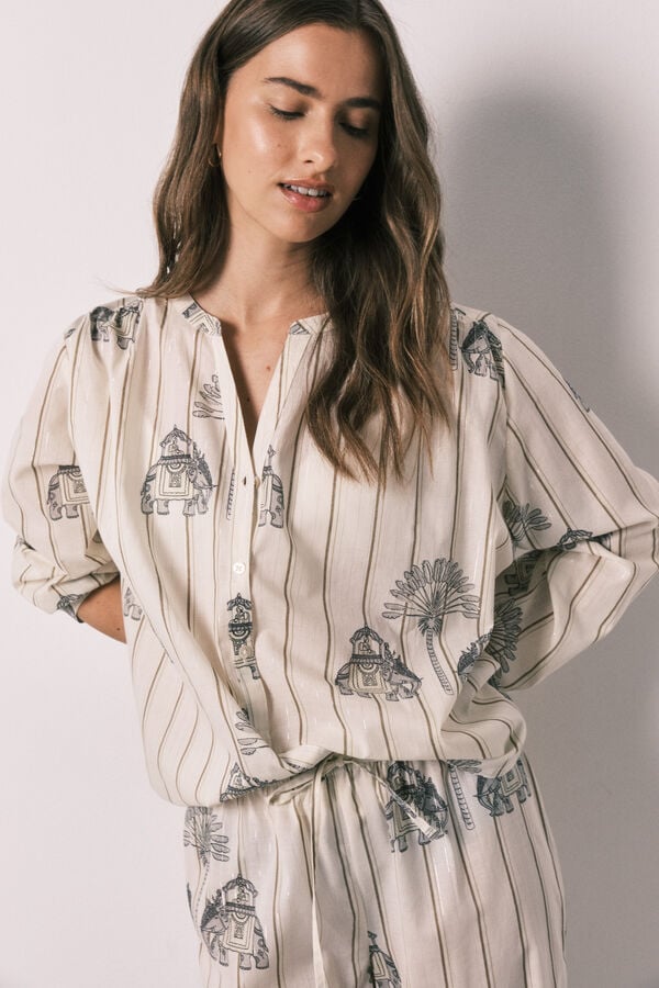 Women'secret Pijama larga de algod&oacute;n estampado blanco