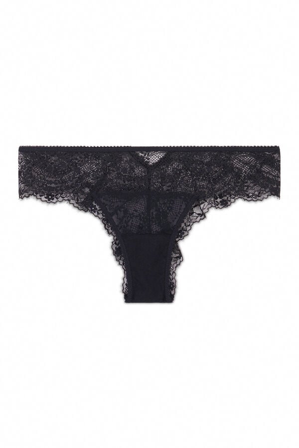 Women'secret Panty brasile&ntilde;o ancho de encaje y tul negro negro