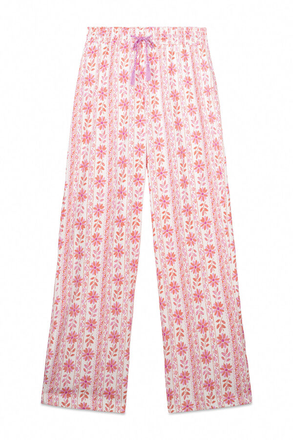 Womensecret Pantalón largo de salón 100% algodón flores rosa
