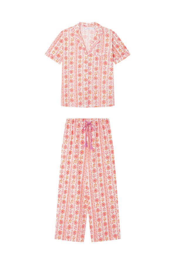 Womensecret Pijama camisera capri 100% algodón flores rosa