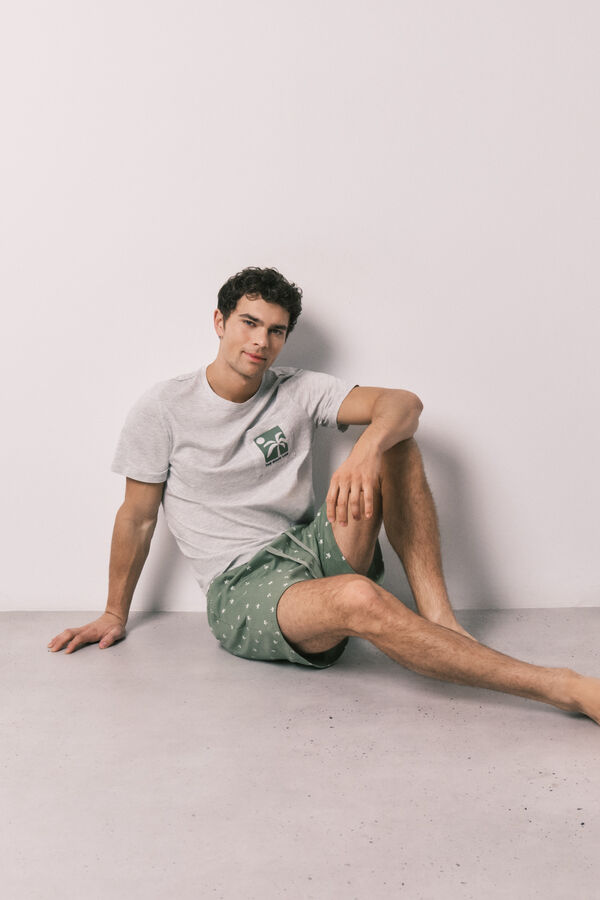 Women'secret Pijama corta de hombre de algod&oacute;n con estampado de palmeras gris