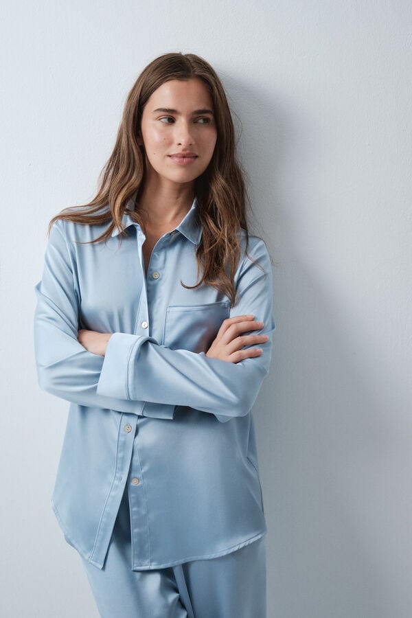 Women'secret Pijama larga camisera satinada azul azul