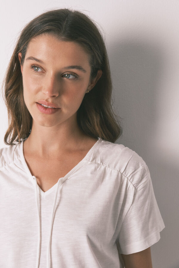 Women'secret Playera manga corta fruncida de algod&oacute;n blanca marfil