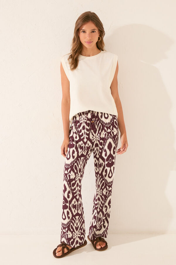 Women'secret Pantalón largo de viscosa con estampado floral púrpura