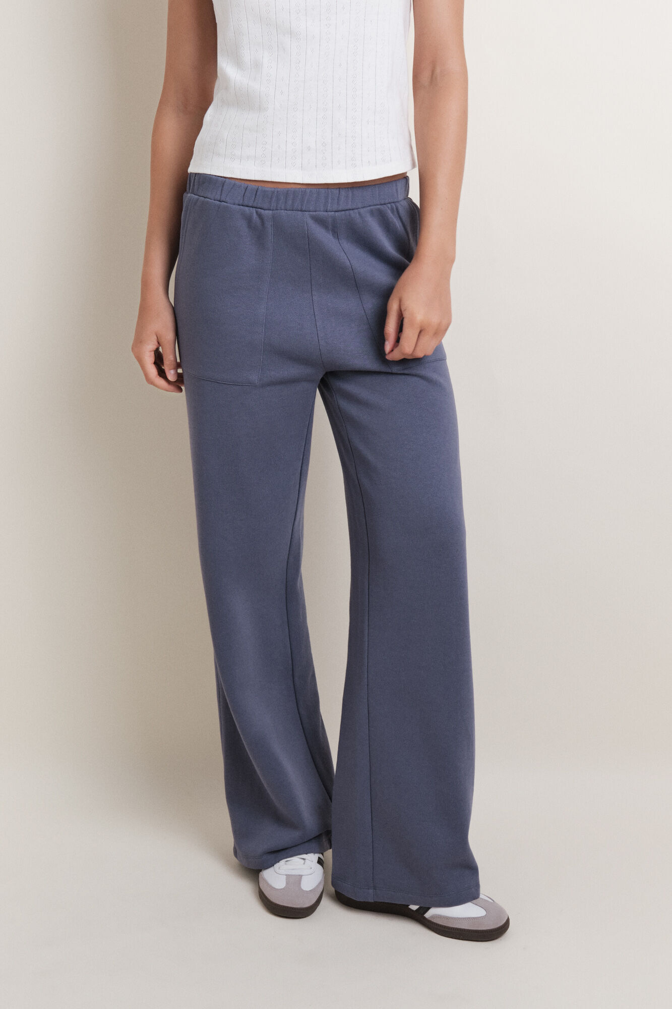 HI&BYE Pantal&oacute;n acampanado de felpa de algod&oacute;n azul 