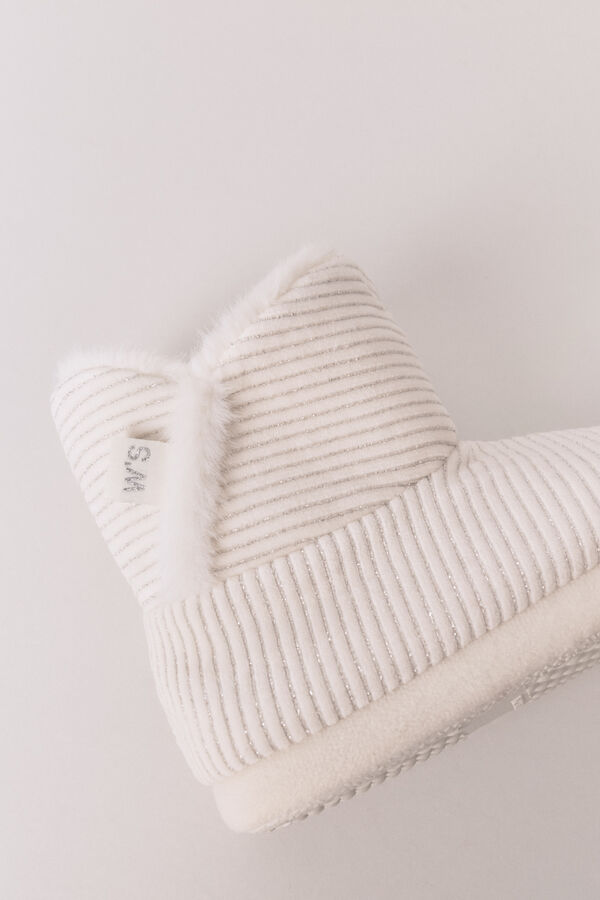 Women'secret Pantuflas para casa bota acanaladas de lurex blanco marfil