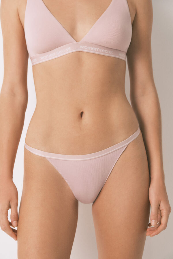 Women'secret Tanga de algodón acanalado rosa rosa