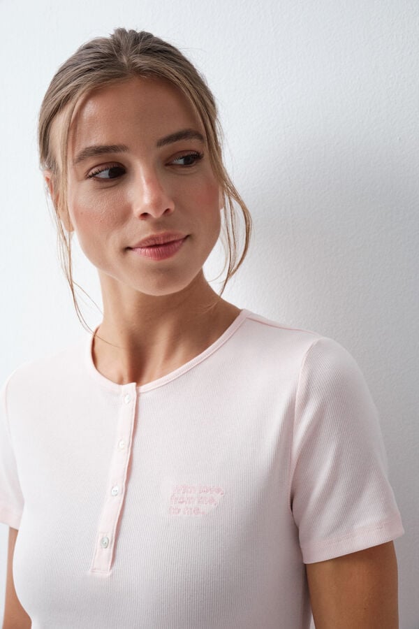 Women'secret Pijama larga de manga corta de algod&oacute;n con estampado floral rosa claro rosa