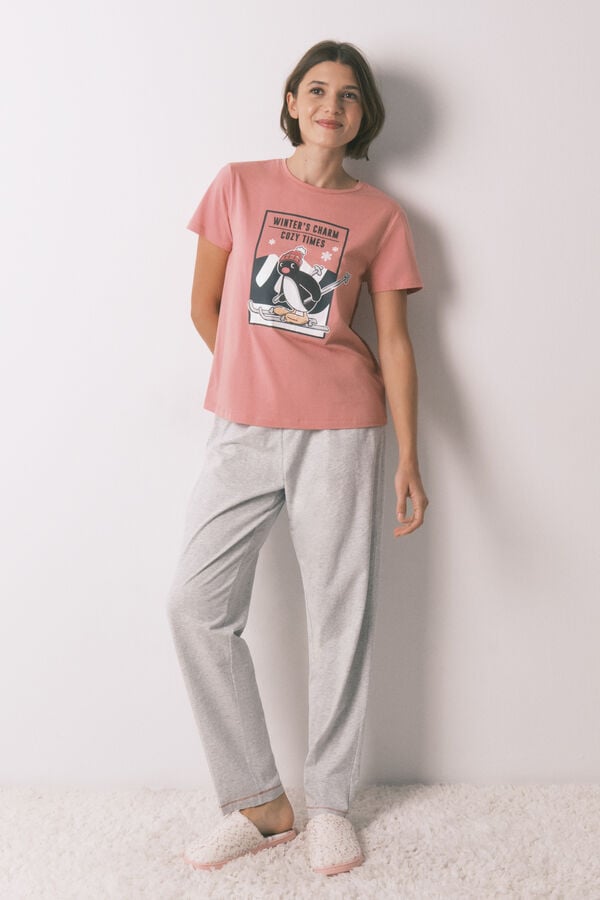 Women'secret Pijama larga 100% algodón rosa Pingu rosa