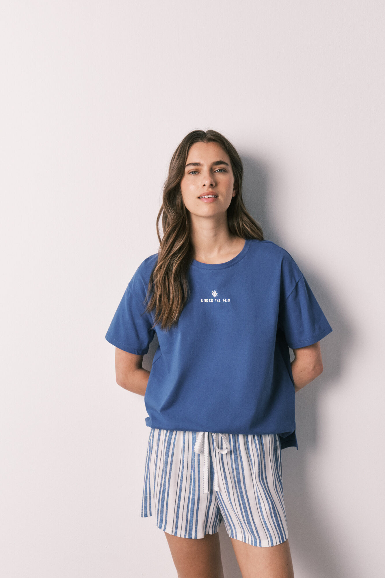 Women'secret Pijama corta de algod&oacute;n y viscosa a rayas azul