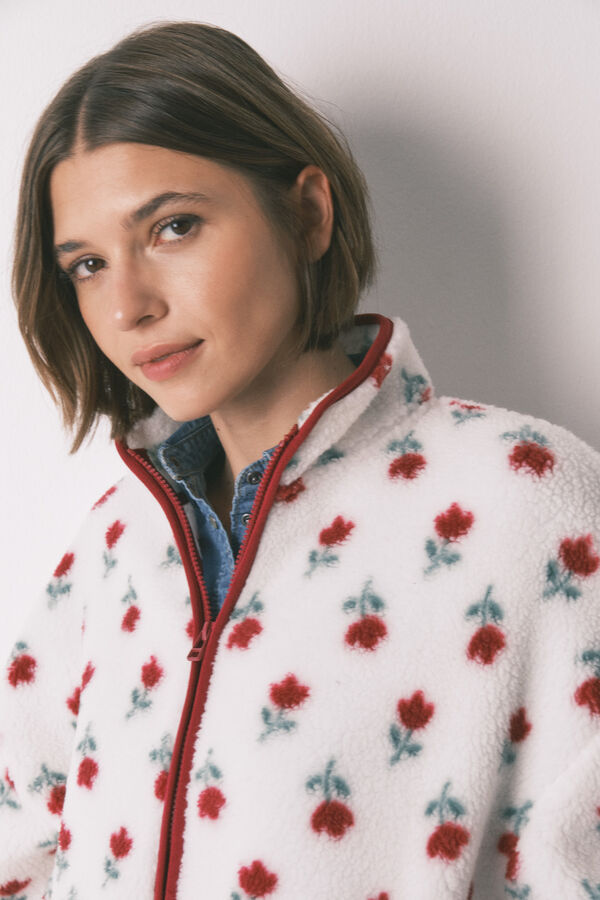 Women'secret Bata de tejido de borrego floral blanco marfil