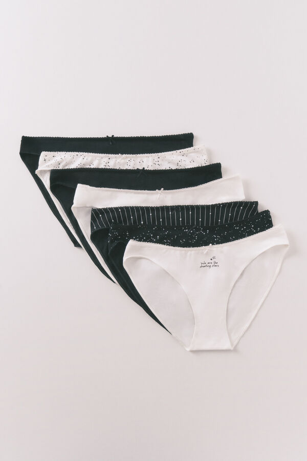 Women'secret Pack de 7 panties cl&aacute;sicas estampadas de algod&oacute;n blanco y negro estampado
