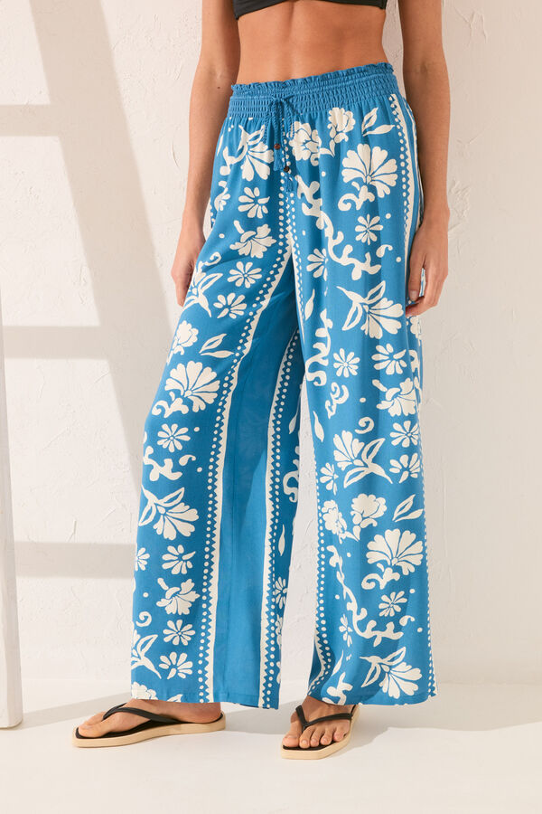 Womensecret Pantalón largo de viscosa con estampado de sellos estampado