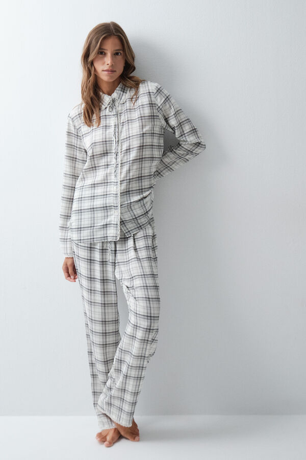 Women'secret Pijama larga camisera a cuadros con detalle de encaje blanco