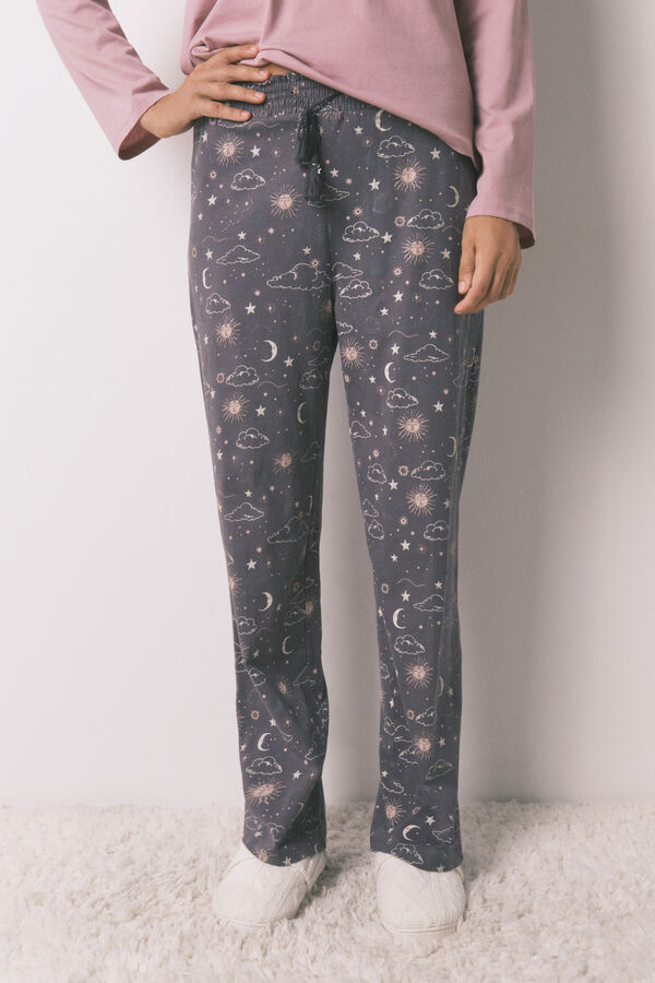 Women'secret Pantalón largo 100% algodón con estampado astral gris