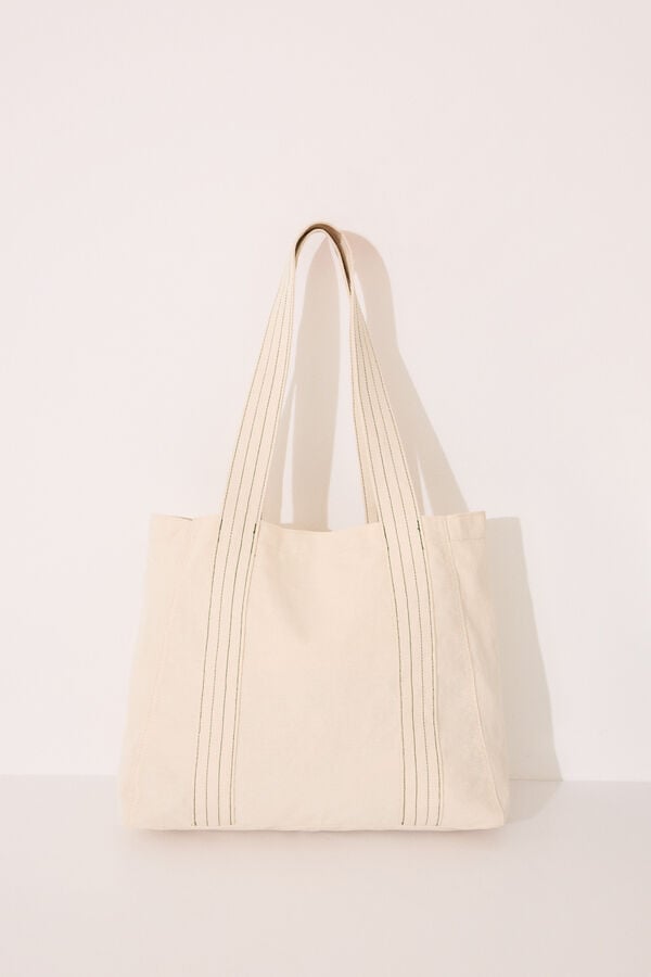 Womensecret Bolsa shopper, bolsa de algodón con estampado vegetal  marfil