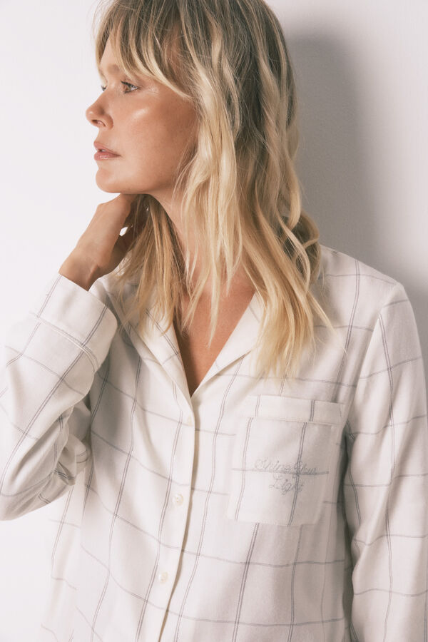 Women'secret Pijama camisera de franela de algodón blanco con estampado de cuadros marfil