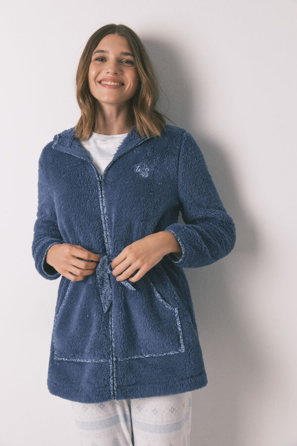 Women'secret Bata midi con capucha de forro polar de l&uacute;rex azul azul