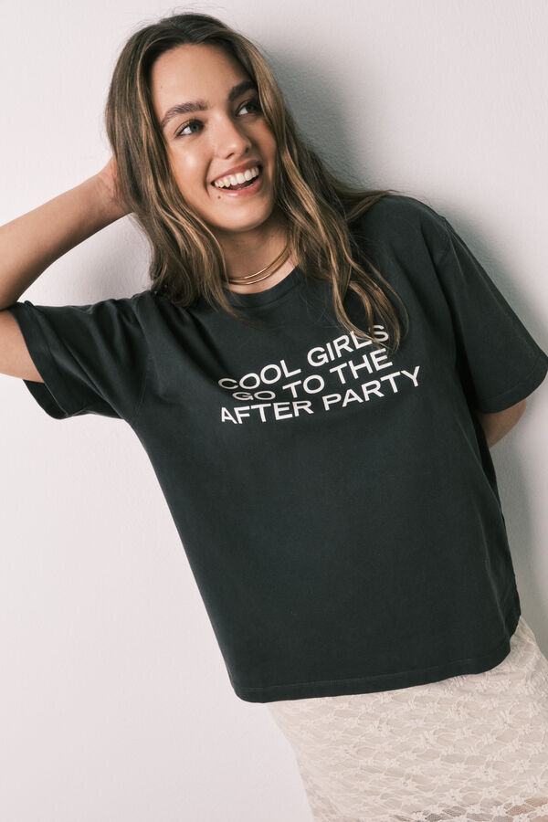 Women'secret Playera de manga corta de algod&oacute;n negro lavado negro