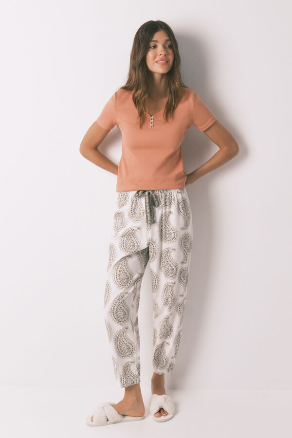 Women'secret Pantalón largo color 100 % algodón con estampado paisley marfil