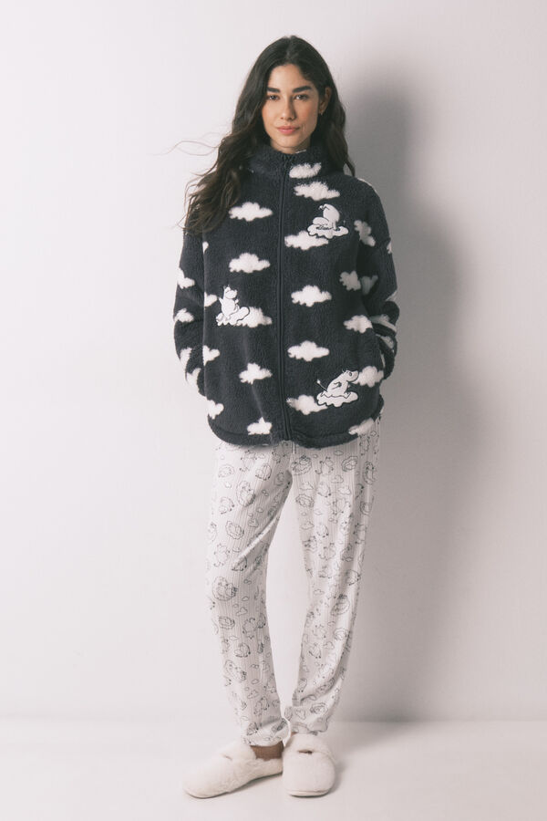 Women'secret Bata corta de polar con estampado de nubes gris Moomin gris