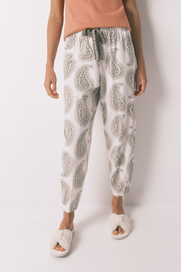 Women'secret Pantalón largo color 100 % algodón con estampado paisley marfil