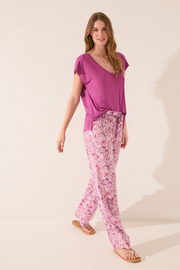 Womensecret Pantalón largo de viscosa con estampado rosa rosa