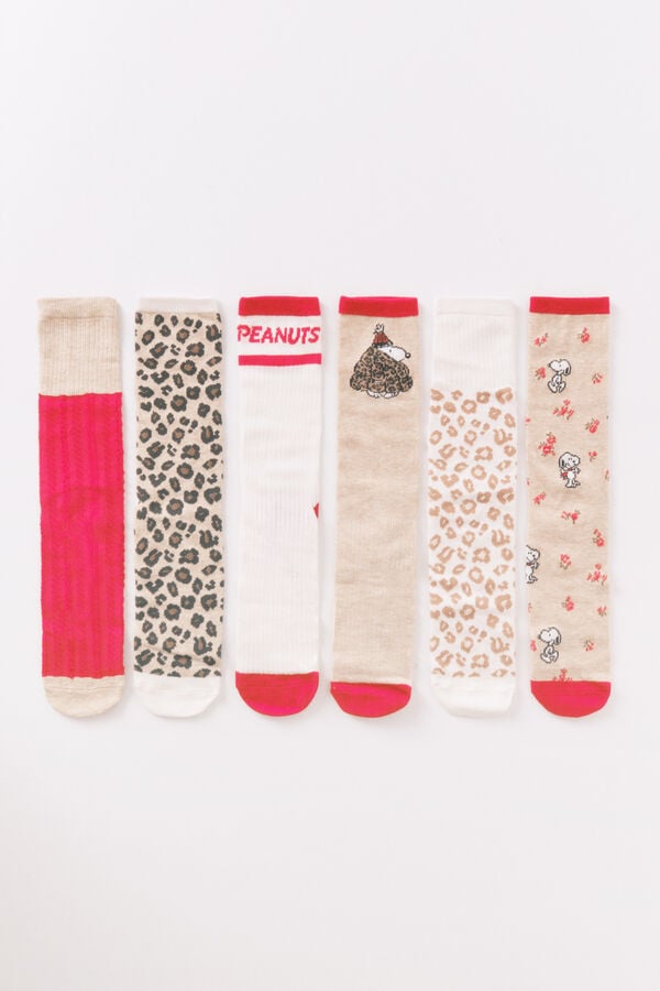 Women'secret Paquete de 6 calcetines largos de algodón de Snoopy estampado