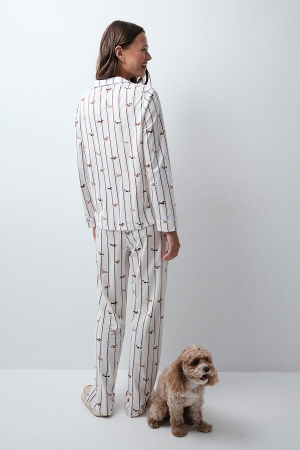 Women'secret Pijama larga camisera de rayas con perros blanco