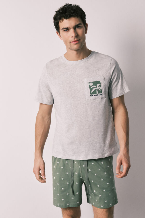 Women'secret Pijama corta de hombre de algod&oacute;n con estampado de palmeras gris
