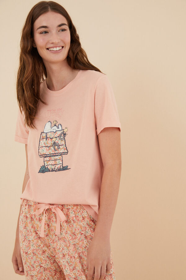 Womensecret Pijama 100% algodón Snoopy naranja rosa manga corta naranja