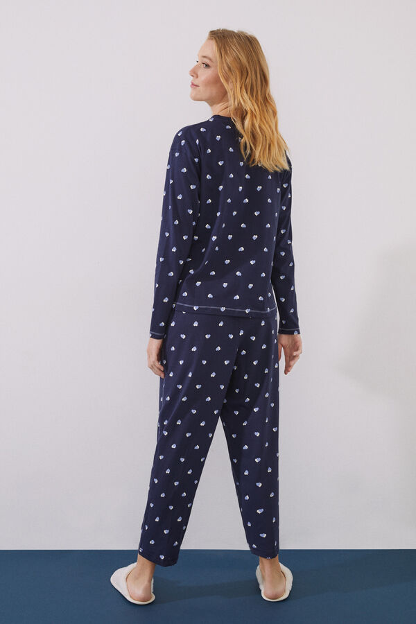 Womensecret Pijama larga 100% algodón azul oscuro estampado corazones estampado