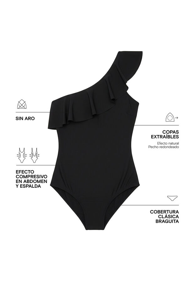 Women'secret Traje de ba&ntilde;o modelador volante asim&eacute;trico negro negro