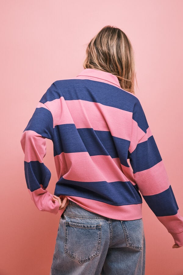 HI&BYE Sudadera polo de rayas rosa y azul estampado