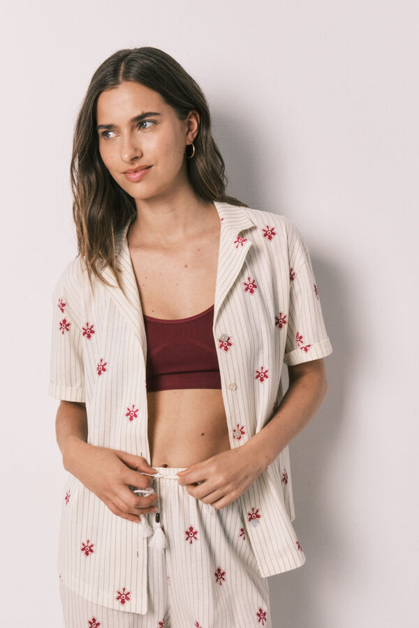 Women'secret Pijama larga camisera de algod&oacute;n a rayas con flores marfil