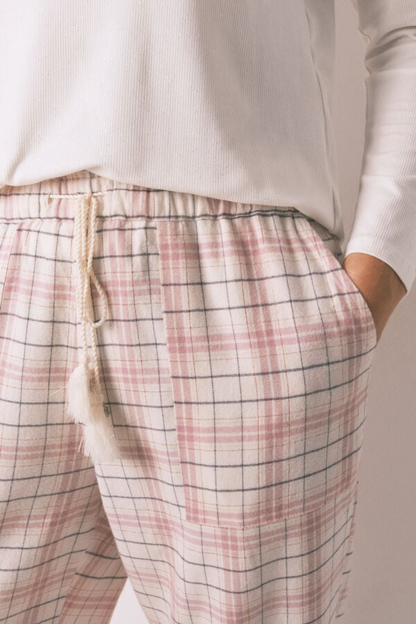 Women'secret Pantal&oacute;n largo de franela rosa con estampado de cuadros rosa