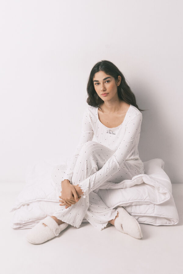 Women'secret Pijama larga de canal&eacute; estampado de estrellas blanca marfil