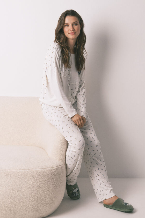 Women'secret Pijama larga de canalé 100% algodón Mafalda  marfil