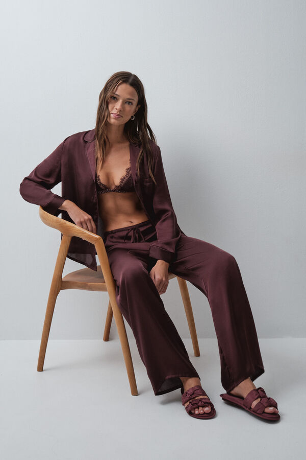 Women'secret Pijama larga camisera satinada granate p&uacute;rpura