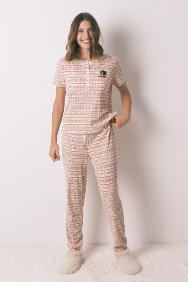 Women'secret Pijama larga textura waffle afelpado cenefas Mafalda  marfil