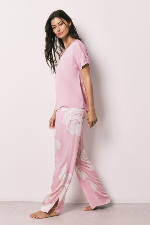 Women'secret Pijama larga de manga corta satinada rosa rosa
