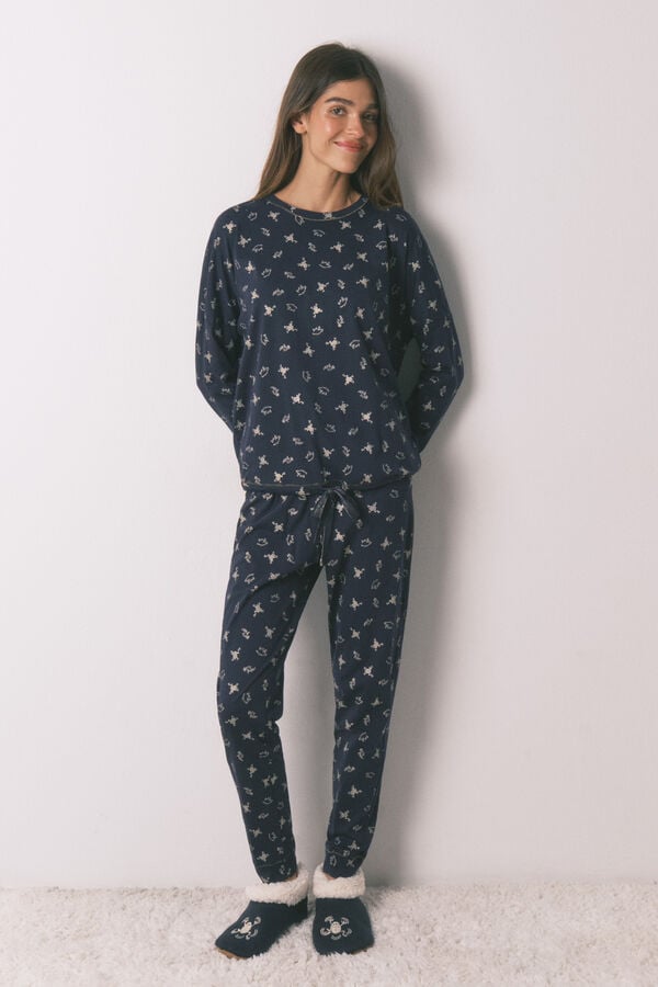 Women'secret Pijama larga 100% algod&oacute;n azul estampado ranitas azul