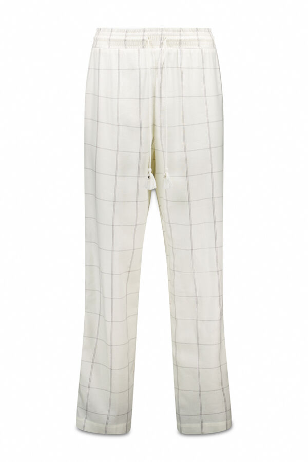 Women'secret Pantalón largo de franela blanca con estampado de cuadros marfil