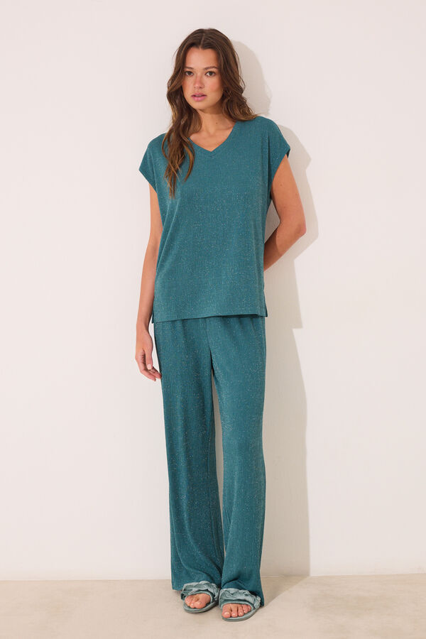 Womensecret Conjunto de pantalón y playera de lurex verde verde