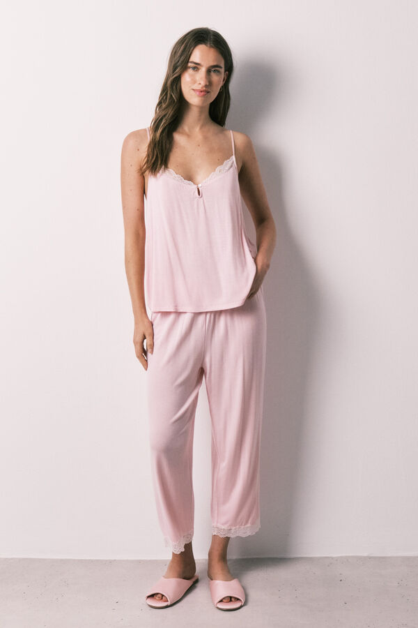Women'secret Pijama capri de tirantes de viscosa y encaje rosa rosa