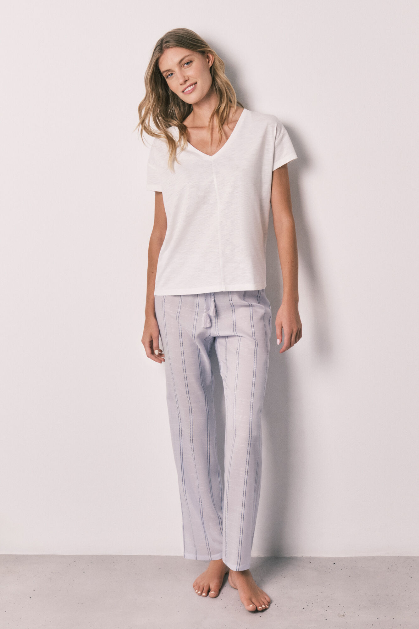 Women'secret Pijama larga de algod&oacute;n de rayas lila de manga corta